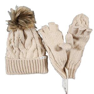 NWT Calia Cable Knit Pom Beanie And Pop Top Mitten Set Natural Color Hat + Glove